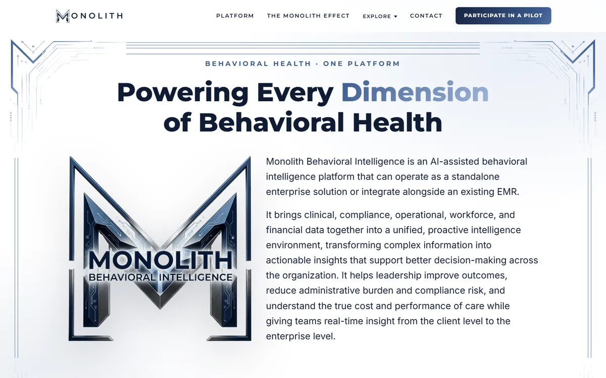 Monolith Health home page: Powering Every Dimension of Behavioral Health